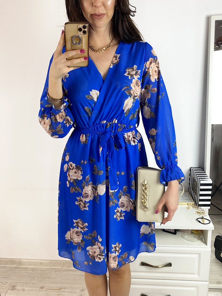 Rochie eleganta albastra pana la genunchi de zi cu imprimeu floral si cordon